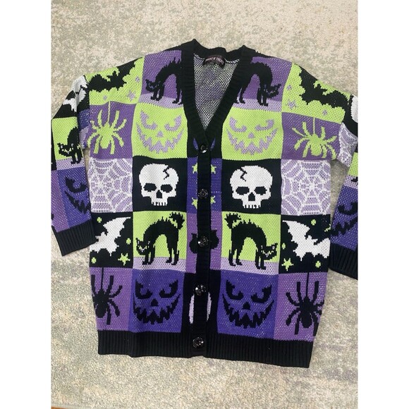 Dolls Kill  Size XXS TRICKZ N' TREATZ SPOOKED STRAIGHT OVERSIZED CARDIGAN 💚💜 - Picture 1 of 8
